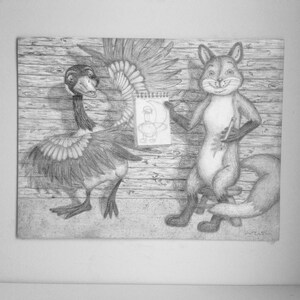 Anthropomorphic fox and goose graphite drawing