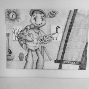 May include: A black and white pencil drawing of a turtle wearing a beret, holding a paintbrush and palette. The scene includes a guitar, a sun, a planet, a goose illustration, and an easel with the text Made in Canada at the bottom right.
