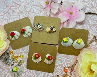 Small Seashell and Polymer Clay Tropical Flower Studs and Necklaces
