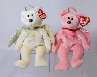 Lote de 2 peluches Ty Beanie Babies teñidos a medida - Halo el Oso Ángel (rosa y verde) *No están en perfecto estado*
