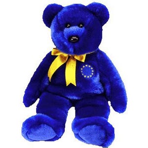 May include: A plush teddy bear with vibrant blue fur, featuring a bright yellow ribbon tied in a bow around its neck. On the chest, there is a circular emblem consisting of a ring of twelve yellow stars against a blue background.