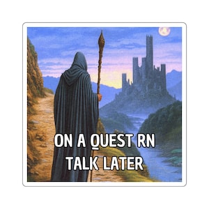 May include: A digital illustration of a person in a dark robe and a pointed hat walking away from the viewer with a staff in their hand. The person is walking on a path towards a large castle in the distance. The text "ON A QUEST RN TALK LATER" is superimposed on the image.