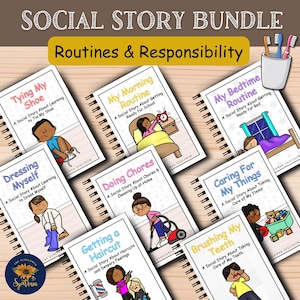 May include: A bundle of spiral-bound social story books with titles like "Tying My Shoe" and "My Morning Routine." The covers feature colorful illustrations of children performing daily activities. The text "Routines & Responsibility" is displayed at the top.