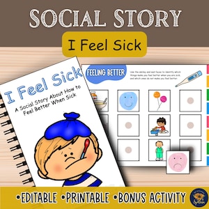May include: A spiral-bound book and activity sheet titled "I Feel Sick." The book cover features a cartoon illustration of a child with a thermometer and a cold compress. The activity sheet has images and prompts to identify things that make you feel better.