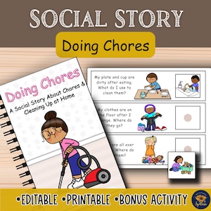 May include: A spiral-bound book titled "Doing Chores" with a cartoon illustration of a person vacuuming. The book is part of a social story about chores and cleaning up at home. Includes editable, printable, and bonus activity.