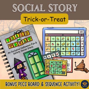 Halloween Trick or Treat Social Story + PECS Boards & Sequence Activity | Printable PDF | Autism Halloween PECS Board | Special Education