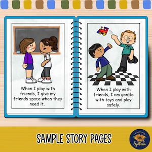 teach children how to play nicely with friends, take turns, share, be kind to others and give personal space with this play nice social story for kids with autism, preschool, toddlers. classroom management and behavior management tool for special education teachers, ABA therapists, homeschool, and parents. help children learn about personal space, social cues, and how to play with friends in all settings.