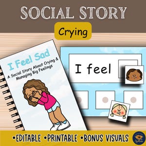 以下が含まれることがあります： I Feel Sad: A Social Story About Crying & Managing Big Feelingsというタイトルのスパイラル綴じのソーシャルストーリーブック。泣いている人物の漫画イラストが描かれています。I feelというテキストと2つの小さな感情アイコンが書かれた青いアクティビティシートが含まれています。