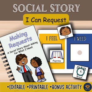 Puede incluir: Un libro encuadernado en espiral titulado "Making Requests" con ilustraciones de niños. Las tarjetas adjuntas muestran emociones, necesidades y actividades como "Playtime" y "Break". El texto dice "I Can Request" y "Social Story."