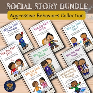 May include: A set of ten social story books for children about aggressive behaviours. The books feature colourful illustrations and simple text. The titles of the books are "We Do Not Throw", "We Do Not Hit", "We Do Not Bite", "We Do Not Spit", "We Do Not Pinch", "We Do Not Kick", "We Do Not Push", and "Destroying & Breaking Things".