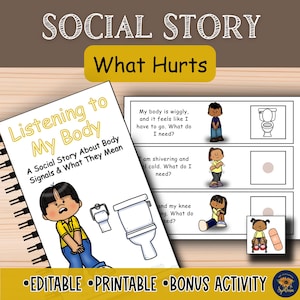 May include: A spiral-bound book titled "Listening to My Body" with the subtitle "A Social Story About Body Signals & What They Mean." The cover features a cartoon illustration of a child. Accompanying pages show illustrations and questions about body sensations.