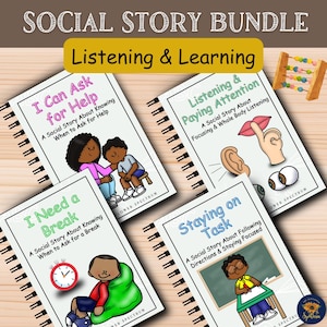 Paquete de historias sociales para escuchar y seguir instrucciones / Pedir ayuda, Descanso / SEL / Autismo / Imágenes de CAA / Educación especial / Apoyo conductual