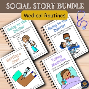 Può includere: Un pacchetto di libri di storie sociali intitolato "Routine mediche". I libri includono titoli come "Andare dal dottore", "Andare dal dentista", "Fare un'iniezione" e "Prendere medicine". Ogni libro ha una rilegatura a spirale e illustrazioni colorate.