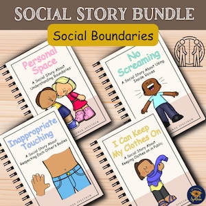May include: A set of four social story books with colourful covers and illustrations. The titles are "Personal Space", "Inappropriate Touching", "No Screaming", and "I Can Keep My Clothes On".