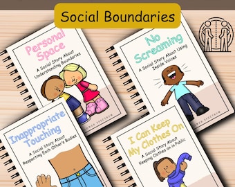 May include: A set of four social story books with colorful covers and illustrations. The titles are "Personal Space", "Inappropriate Touching", "No Screaming", and "I Can Keep My Clothes On".
