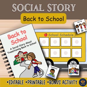 Op de afbeelding: Een educatieve bron met een spiraalgebonden boek en kaarten, allemaal met het thema "Terug naar school". De boekcover toont een kind en een schoolillustratie. Inclusief een gele schoolbusafbeelding en kaarten met de labels "line up", "breakfast" en "circle time".