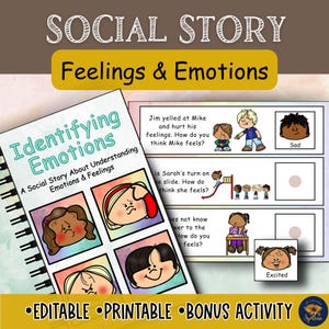 Peut inclure: Un livre spiralé intitulé "Identifying Emotions" avec des illustrations d'expressions faciales. L'image comprend également une feuille de travail avec des scénarios et des invites pour identifier les sentiments. Le texte comprend "Feelings & Emotions".