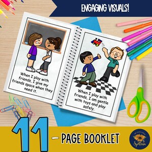 teach children how to play nicely with friends, take turns, share, be kind to others and give personal space with this play nice social story for kids with autism, preschool, toddlers. classroom management and behavior management tool for special education teachers, ABA therapists, homeschool, and parents. help children learn about personal space, social cues, and how to play with friends in all settings.