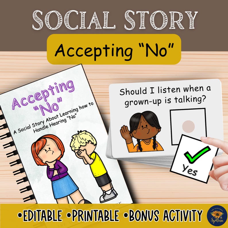 Help kids understand no and accept no for an answer. This helps with self regulation, handling frustration, and teaching social skills. This story provides alternatives when the answer is no such as waiting or making a different choice. Perfect for autism, behavior management, and SEL. Special education and early learning resource with bonus yes and no question cards to reinforce understanding.