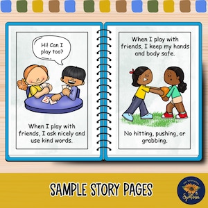 teach children how to play nicely with friends, take turns, share, be kind to others and give personal space with this play nice social story for kids with autism, preschool, toddlers. classroom management and behavior management tool for special education teachers, ABA therapists, homeschool, and parents. help children learn about personal space, social cues, and how to play with friends in all settings.