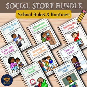 Könnte beinhalten: Ein Bündel spiralgebundener Social Story-Bücher mit Titeln wie "Sitting in my Seat" und "Classroom Procedures". Die Cover zeigen farbenfrohe Illustrationen von Kindern in der Schule. Der Text "School Rules & Routines" wird über den Büchern angezeigt.