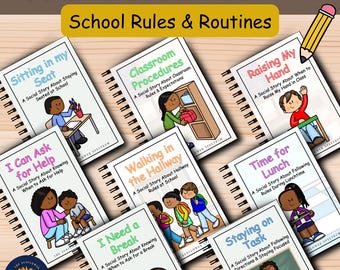 May include: A bundle of spiral-bound social story books with titles like "Sitting in my Seat" and "Classroom Procedures." The covers feature colorful illustrations of children in school settings. The text "School Rules & Routines" is displayed above the books.