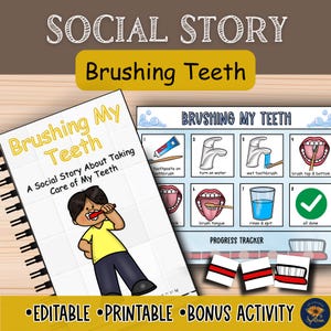 May include: A spiral-bound book and a chart titled "Brushing My Teeth" with illustrations and text. The book cover features a cartoon child brushing their teeth. The chart shows steps for brushing teeth, including a progress tracker.