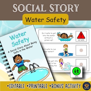 Puede incluir: Un libro encuadernado en espiral titulado "Seguridad en el agua" con ilustraciones y texto sobre seguridad en el agua. La portada presenta un niño de dibujos animados cerca de una piscina. Las páginas adjuntas muestran escenarios de seguridad con iconos de "seguro" y "no seguro". El texto incluye "Editable", "Imprimible" y "Actividad extra".