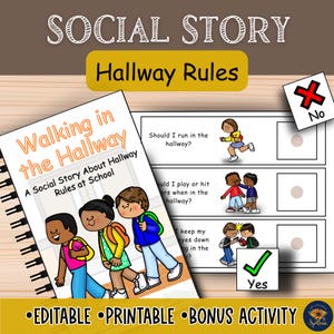 Könnte beinhalten: Ein spiralförmiges Lernmittel mit dem Titel „Walking in the Hallway“ mit Illustrationen von Kindern. Die Ressource enthält den Text „Hallway Rules“ und Aufforderungen mit den Antwortmöglichkeiten „Ja“ und „Nein“. Die Wörter „Editable“, „Printable“ und „Bonus Activity“ sind ebenfalls sichtbar.