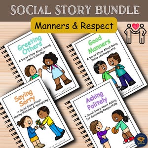 Może przedstawiać: Zestaw czterech książek z opowiadaniami społecznymi w oprawie spiralnej. Książki noszą tytuły "Greeting Others", "Good Manners", "Saying Sorry" i "Asking Politely". Każda książka zawiera kolorowe ilustracje i tekst o dobrym wychowaniu i szacunku. Tekst "Manners & Respect" jest wyświetlany u góry.