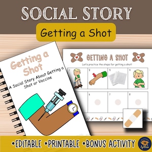 Può includere: Un libro a spirale e un foglio di lavoro intitolato "Getting a Shot". La copertina del libro presenta un'illustrazione di un braccio che riceve un'iniezione. Il foglio di lavoro mostra i passaggi per fare un'iniezione, con illustrazioni e testo. Sono visibili anche le parole "EDITABLE", "PRINTABLE" e "BONUS ACTIVITY".