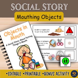Könnte beinhalten: Ein spiralgebundenes Buch mit dem Titel "Objects in Mouth" mit einer Cartoon-Illustration eines Kindes. Das Buch ist Teil einer Sozialgeschichte über das Hineinstecken von Dingen in den Mund. Zusätzliche Seiten zeigen Sicherheitsbeispiele mit dem Text "Ist Erde oder Sand sicher, um es in meinen Mund zu stecken?" und "sicher".