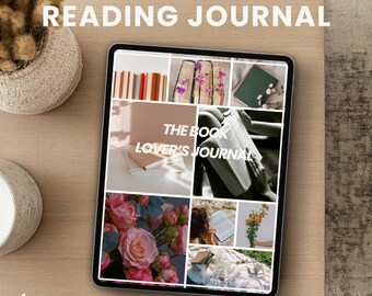 May include: A digital tablet screen displaying a collage of images related to reading and journaling. The images include books, flowers, and a person reading. The text "The Book Lover's Journal" is displayed on the screen.