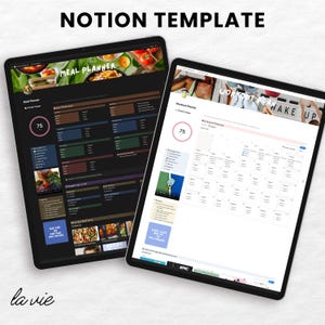 May include: Two tablets displaying Notion templates. One shows a meal planner with a dark theme, and the other a workout planner with a light theme. The text "NOTION TEMPLATE" is at the top. The "la vie" logo is at the bottom.