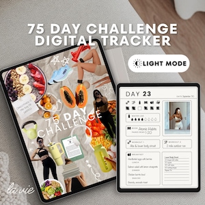 Könnte beinhalten: Ein digitaler Tracker für eine 75-Tage-Challenge, mit einer Collage aus gesunden Lebensmitteln, Trainingsgeräten und dem Text "75 DAY CHALLENGE DIGITAL TRACKER". Ein zweiter Bildschirm zeigt ein tägliches Protokoll mit Trainingsdetails.