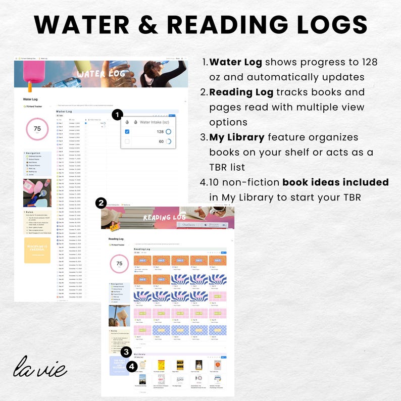May include: A digital product interface with the text "WATER & READING LOGS". The interface includes a water intake tracker, a reading log, and a library feature. The water log shows progress to 128 oz. The reading log tracks books and pages read.