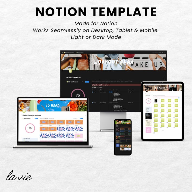 May include: A digital Notion template displayed on a laptop, desktop monitor, tablet, and smartphone. The text reads "NOTION TEMPLATE" and "Made for Notion." The template is designed for desktop, tablet, and mobile use, with light or dark mode options.