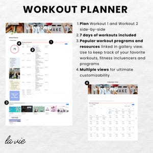 May include: A digital workout planner with the title "WORKOUT PLANNER" at the top. The planner includes features like side-by-side workout planning, 2.7 days of workouts, and a gallery view for workout programs. The planner offers multiple views for customization.