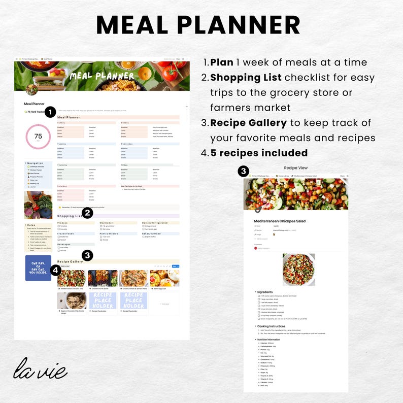 May include: A digital meal planner with the title "MEAL PLANNER" at the top. The planner includes sections for weekly meal planning, a shopping list, and a recipe gallery. The text highlights features like planning meals, creating shopping lists, and tracking recipes.