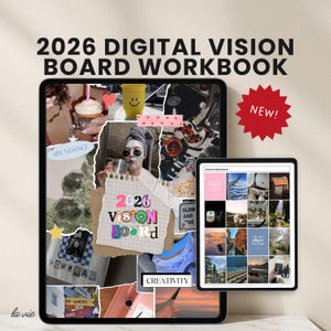 Pode incluir: Um caderno de trabalho digital de vision board para 2026, exibido em um tablet. A imagem apresenta uma colagem com o texto "2026 Vision Board" e várias imagens inspiradoras. Um tablet menor mostra fotos de viagens e aventuras. Há também um adesivo vermelho "NEW!".