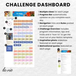 May include: A digital dashboard template titled "CHALLENGE DASHBOARD" with the text "75 HARD". The design includes a progress bar, navigation links, and motivational quotes. The template features multiple views, program information, and an inspiration photo slideshow.