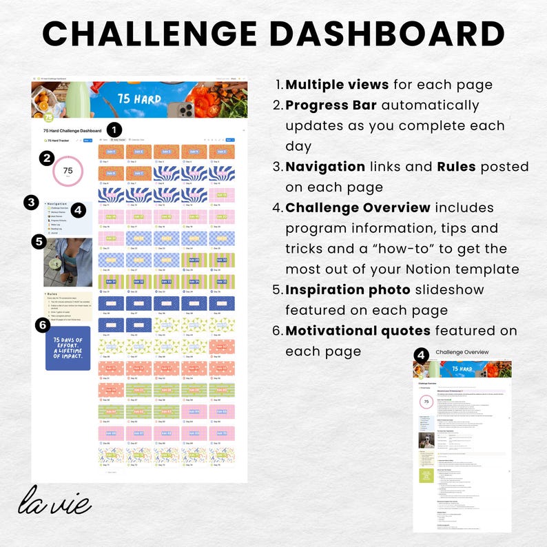 May include: A digital dashboard template titled "CHALLENGE DASHBOARD" with the text "75 HARD". The design includes a progress bar, navigation links, and motivational quotes. The template features multiple views, program information, and an inspiration photo slideshow.