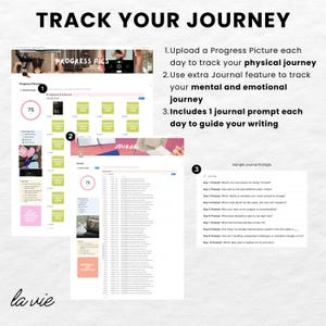 May include: A digital wellness platform interface with the text "TRACK YOUR JOURNEY." The interface includes sections for progress pictures, a journal feature, and daily prompts. The platform is designed to track physical, mental, and emotional well-being.