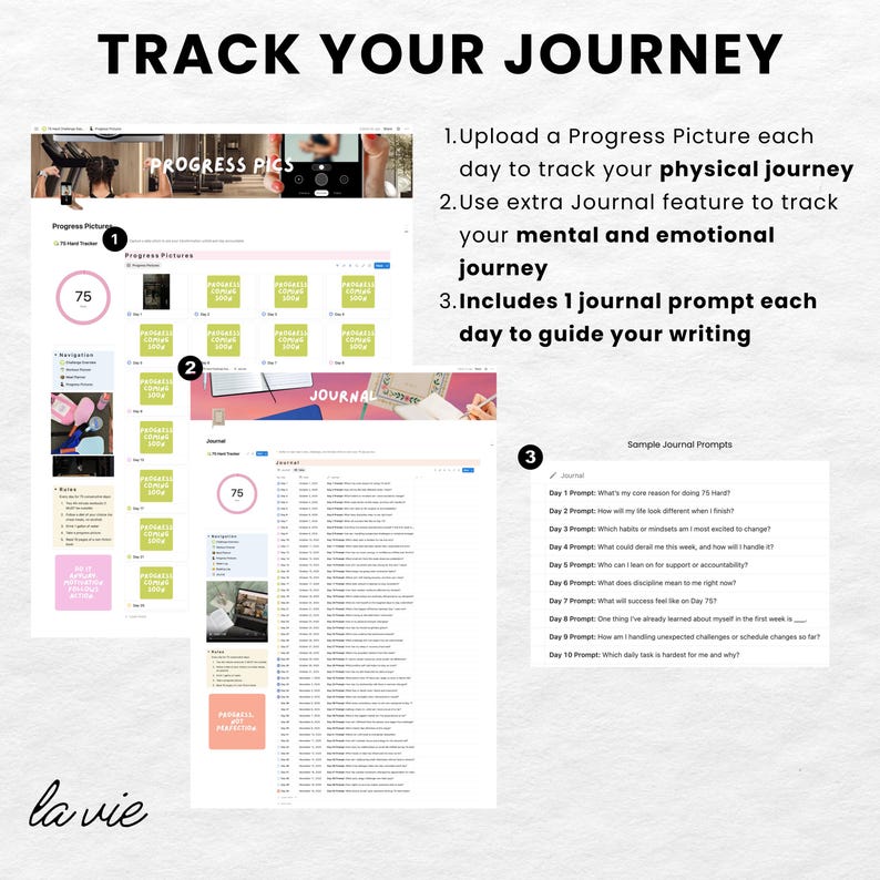 May include: A digital wellness platform interface with the text "TRACK YOUR JOURNEY." The interface includes sections for progress pictures, a journal feature, and daily prompts. The platform is designed to track physical, mental, and emotional well-being.
