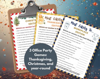 3 Printable Office Party Games, Most Likely To, Christmas, Thanksgiving & All-Year Edition, Funny Coworker Icebreaker Team Building Games