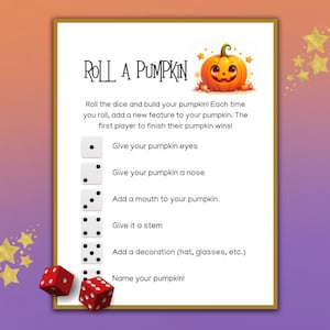 Peut inclure: Un jeu de société sur le thème d'Halloween intitulé "Roll a Pumpkin". Le jeu comprend des instructions, une illustration de citrouille souriante et des décorations d'étoiles. Deux dés rouges sont en bas. Le jeu consiste à ajouter des éléments à une citrouille.