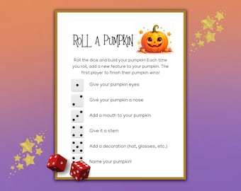 May include: A Halloween-themed game board with the text "Roll a Pumpkin" and instructions for a dice game. The board features a smiling pumpkin illustration, dice, and star decorations. Two red dice are at the bottom.