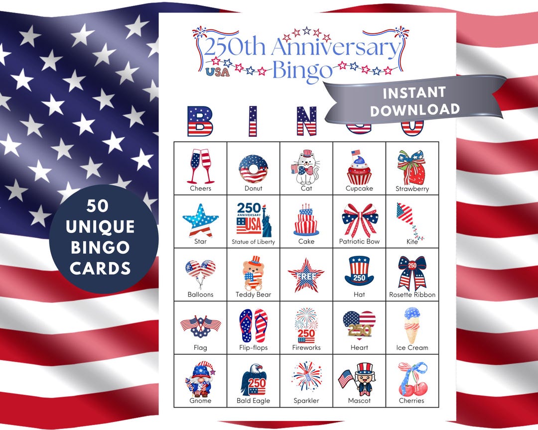 USA 250th Anniversary Bingo Game Semiquincentennial Printable for Kids ...