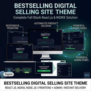 Può includere: Grafica di un tema di sito di vendita digitale con il testo "BESTSELLING DIGITAL SELLING SITE THEME". L'immagine mostra schermi di computer portatili, tablet e desktop che visualizzano interfacce di siti Web. Il tema include un frontend reattivo, la consegna automatica dei prodotti e un potente pannello di amministrazione.
