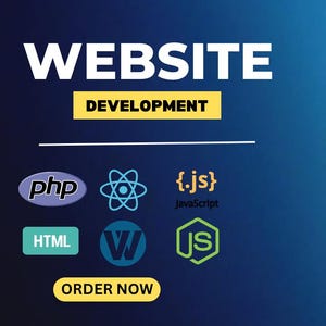 May include: An advertisement for website development services. The image shows the text "WEBSITE DEVELOPMENT" and "FULL - STACK WEB-DEVELOPMENT". Icons for PHP, HTML, JavaScript, and other technologies are displayed. A man in a suit is in a circular frame.